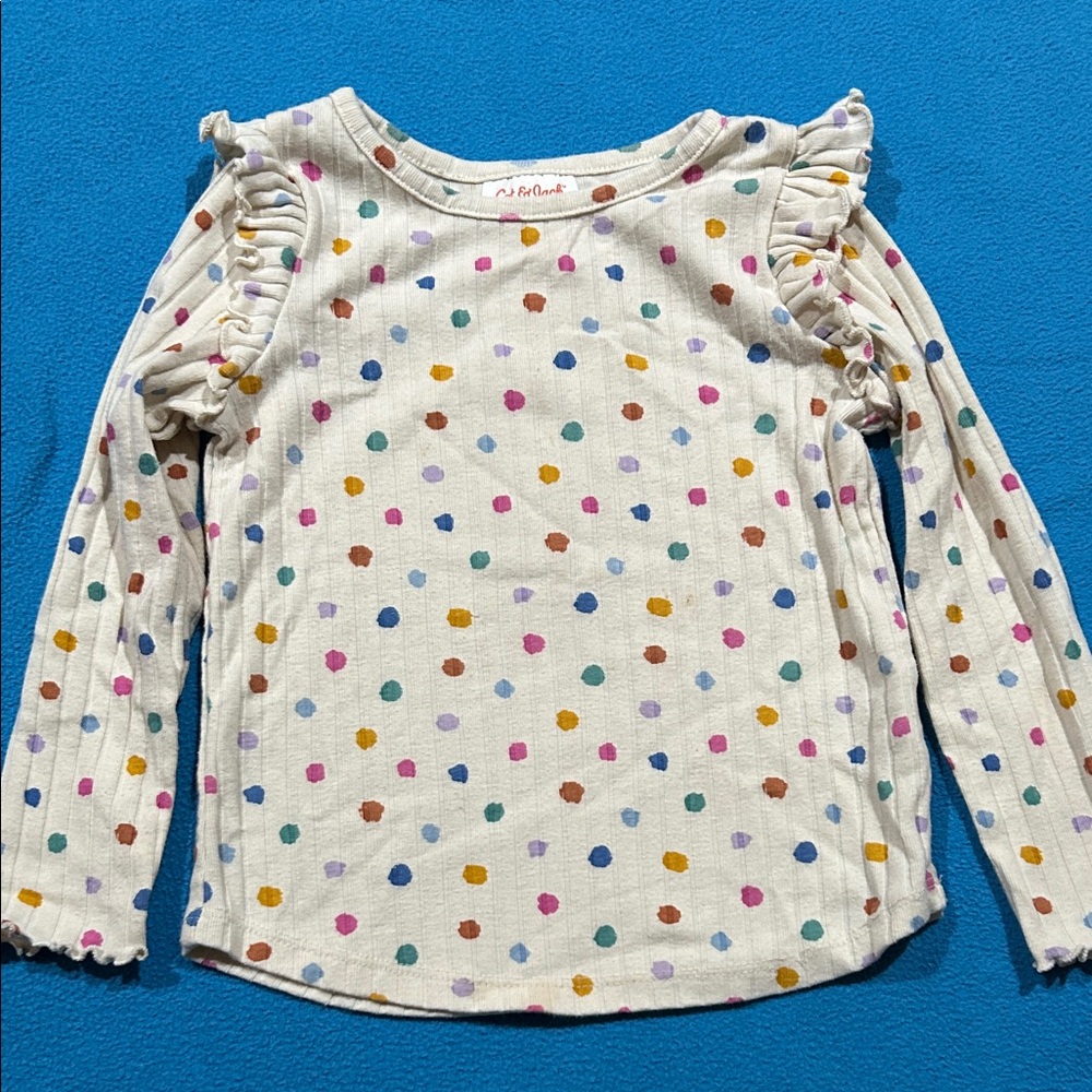 Cat & Jack Cream Long Sleeve Tee with Colorful Polka Dots and Ruffle Shoulders
